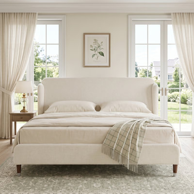 Modern Farmhouse King Linen Upholstered Platform Bed with Wingback Headboard and Metal-Capped Wood Legs, Cream
