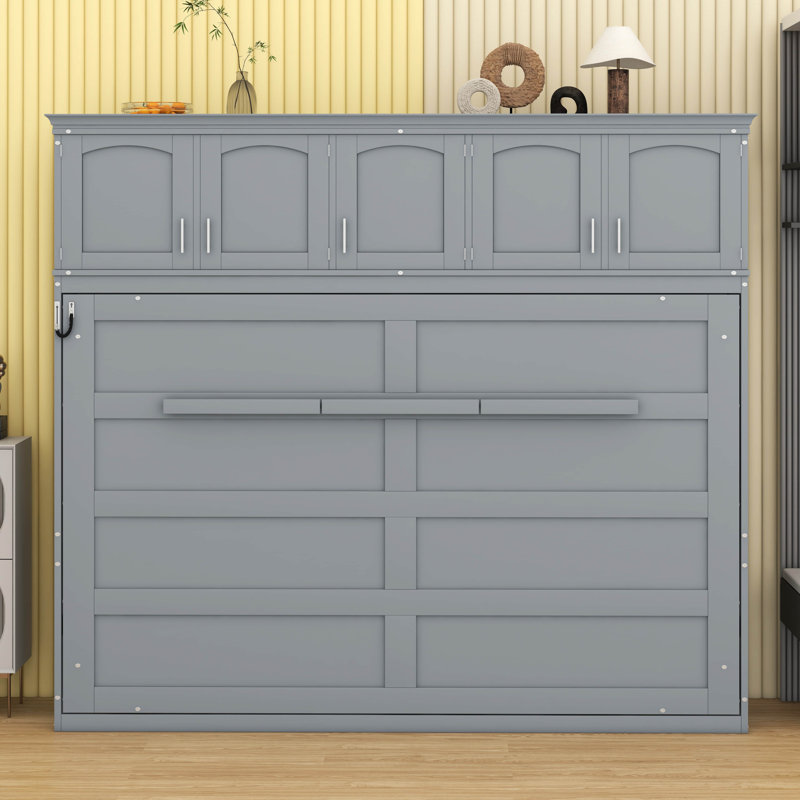 Lit escamotable double pleine grandeur avec armoires de rangement supérieures, Lit double, Gris