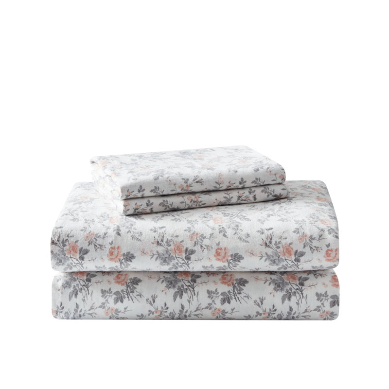 Rosalie Gray Floral Cotton Flannel Full Sheet Set