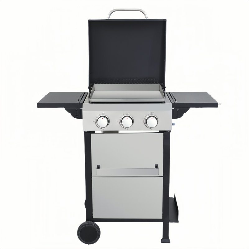 3-Burner Portable Propane Gas Bbq Grill With Wire Enamel Cooking Grids,Ss Plancha,  Foldable Side Table