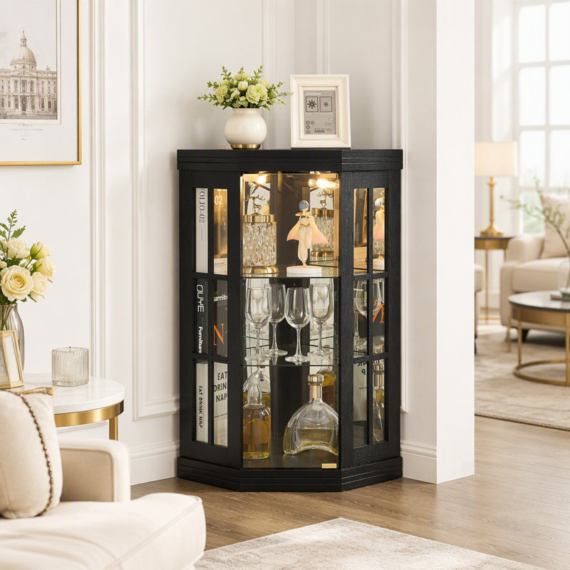 Vitrine d'angle pentagonale éclairée, vitrine autoportante pour objets de collection, figurines et vins, Black