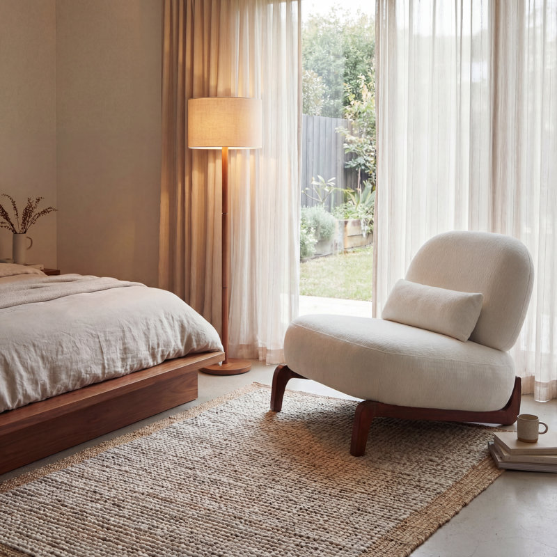 Mid-Century Modern Lounge Chair With Sled Base, Beige Cotton
