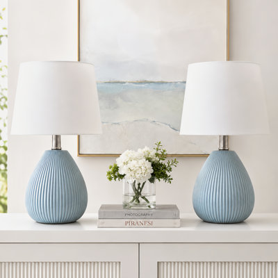 Novack 14.5" Modern Blue Ceramic Table Lamp Set with Pre-Assembled White Linen Shade