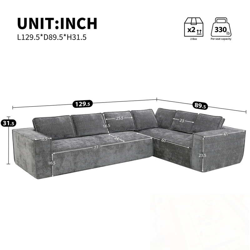 L-Shape Chenille Sectional Sofa With Soft Cuhsion, Gray Chenille