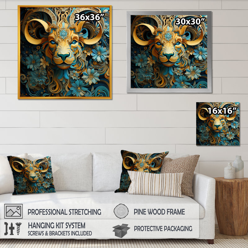 Capricorne jaune, fleurs de chèvre - art mural animal de chèvre, Cadre simple argenté, H 30 po x l 30 po x P 1,5 po