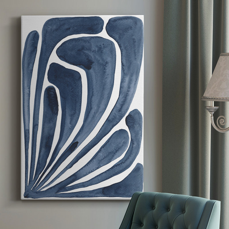Feuille bleue stylisée II - peinture sur toile tendue, H 36 po x l 24 po x P 1 po