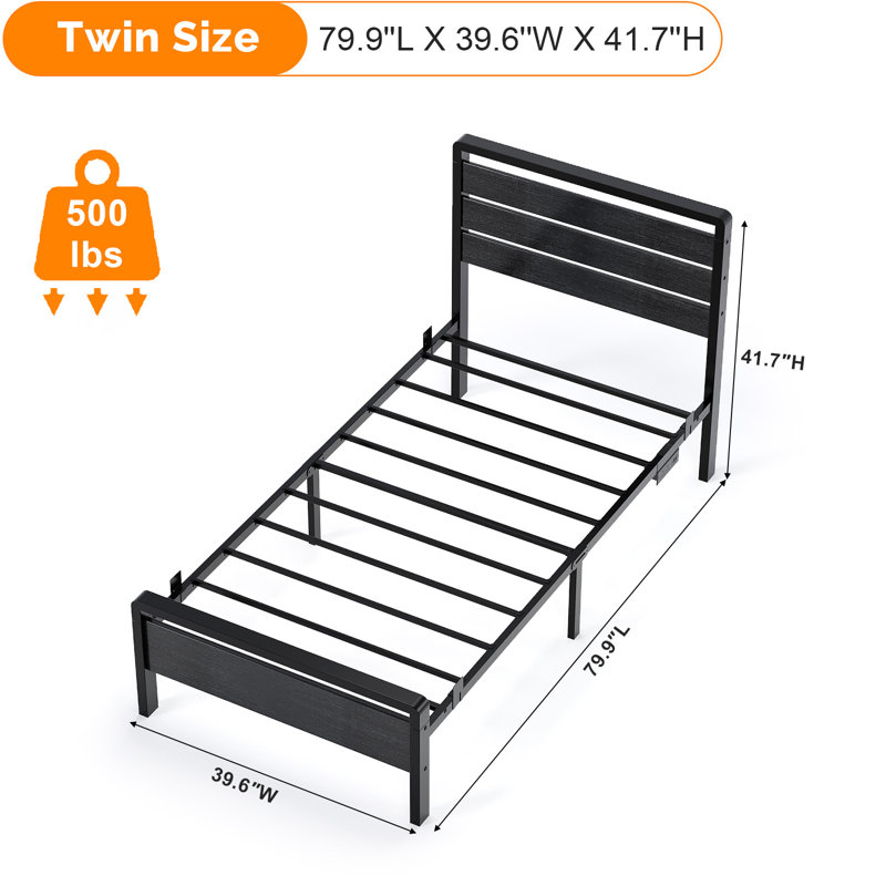 Twin Size Black Bed Frame With Led Light And Charging Station, Metal Platform Bed With Wood Headboard, Black, Twin