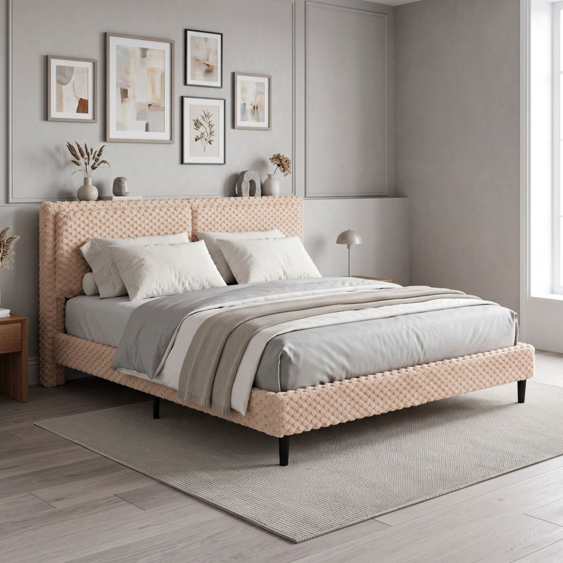 Lit plateforme tapissier avec tête de lit, Très grand lit, Chameau