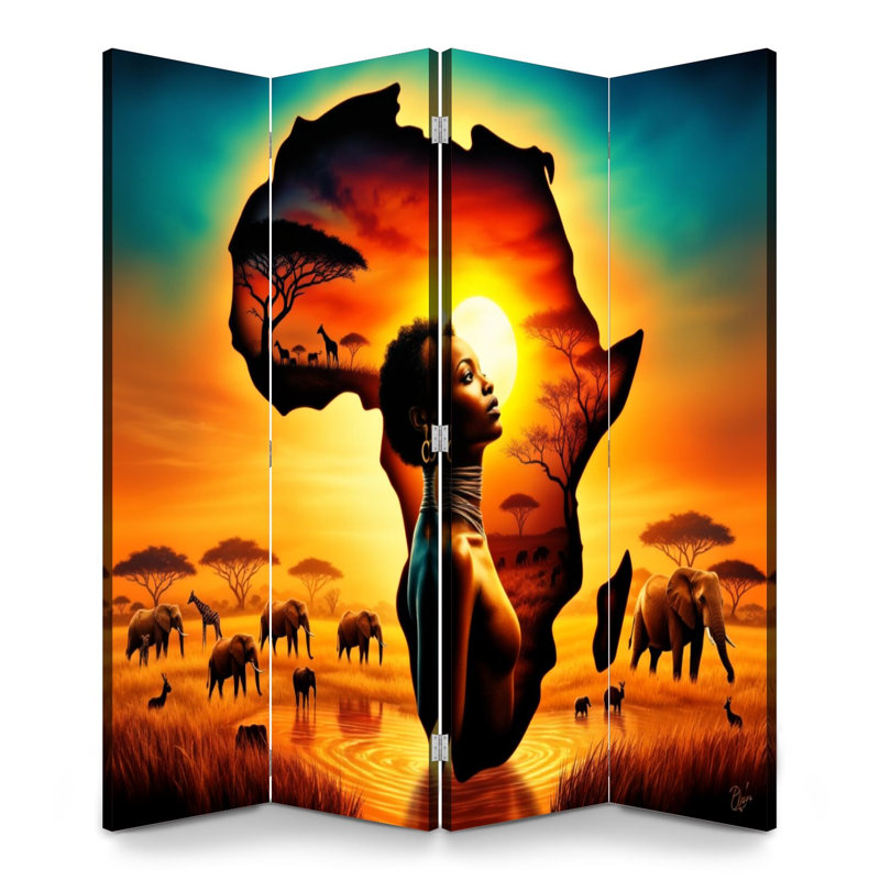 Paravent 4 panneaux pliant Royal African Silhouette Wildlife Sunset, 4, H 71 po x l 64 po x P 1 po
