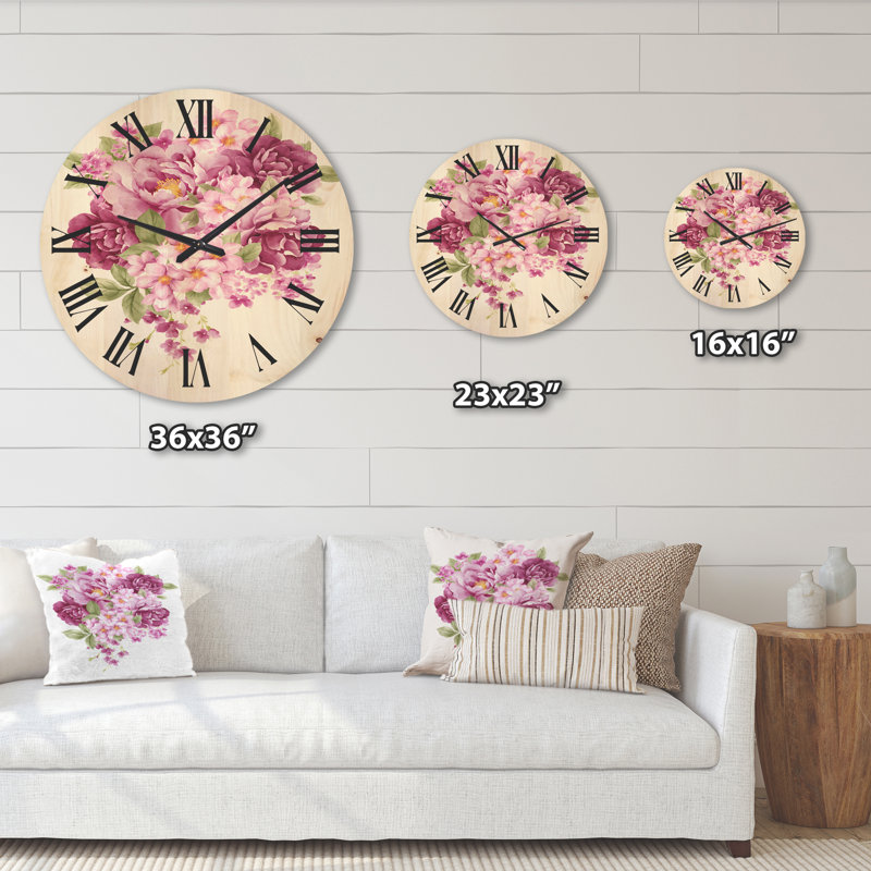 Rose rétro fleurs - horloge murale traditionnelle en bois, Grand