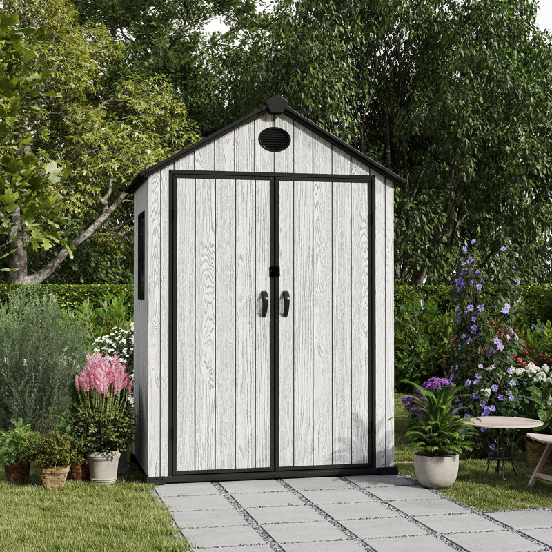 EHHLY Tall Resin Garden Storage Shed with Window, Waterproof Lockable Cabinet, Cemented Gray