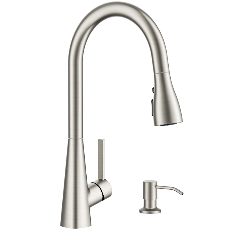 Pull Down Kitchen Faucet With Deck Plate, Stainless Steel, With Soap Dispenser