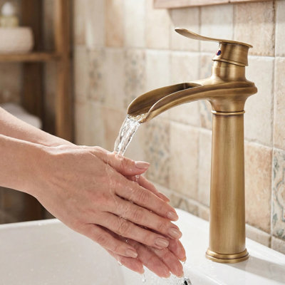 Waterfall Single Handle Single Hole Tall Spout Bathroom Vessel Sink Faucet With Pop-Up Drain Assembly In