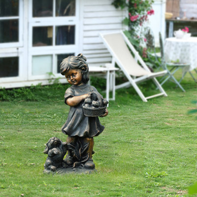Alyissia Holding Basket of Kittens with Puppy Garden Statue