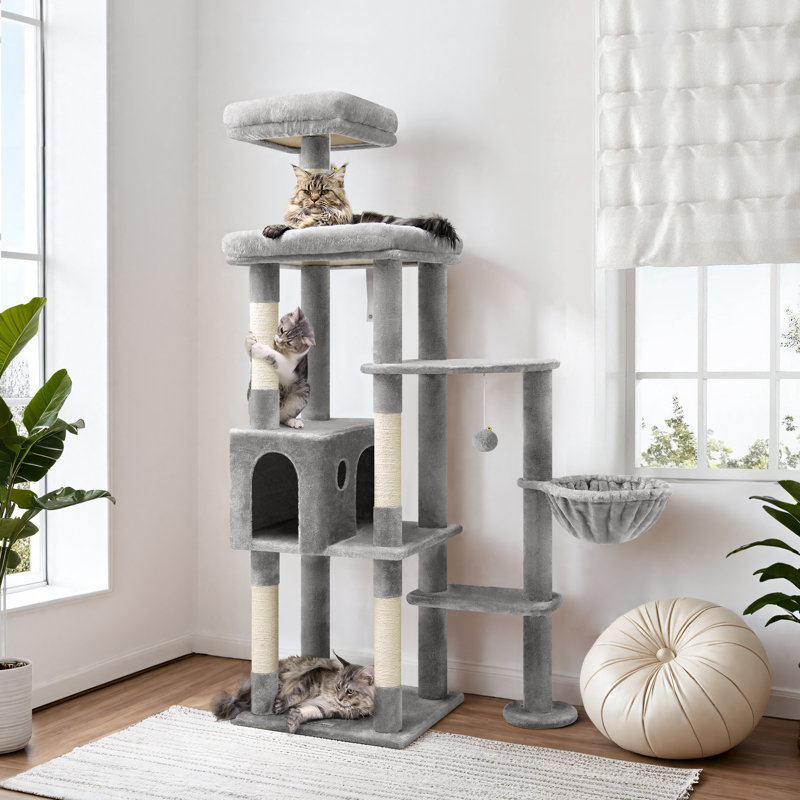 Très grand arbre à chat 65 po avec plusieurs perchoirs rembourrés pour chats d'intérieur, Gris clair