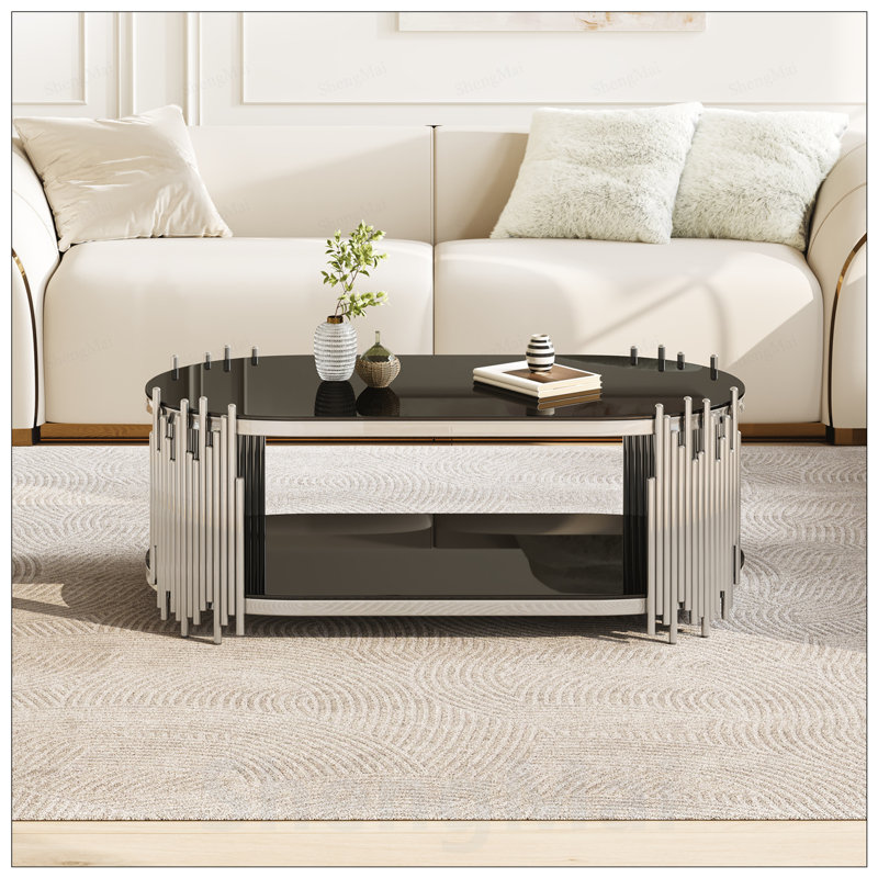 Table basse de luxe argentée avec tablettes en verre trempé à 2 niveaux, table de centre ovale moderne pour le salon, structure en acier inoxydable poli, conception artistique en tuyaux d'orgue