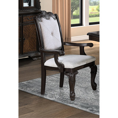 2 Arm Chairs For Dining Room With Traditional Style, Back, Rich Coffee Brown Solid Wood Finish And Beige Fabric Upholstery, Intricate Detailing, Comfortable Refined Room, Construction, Finish,