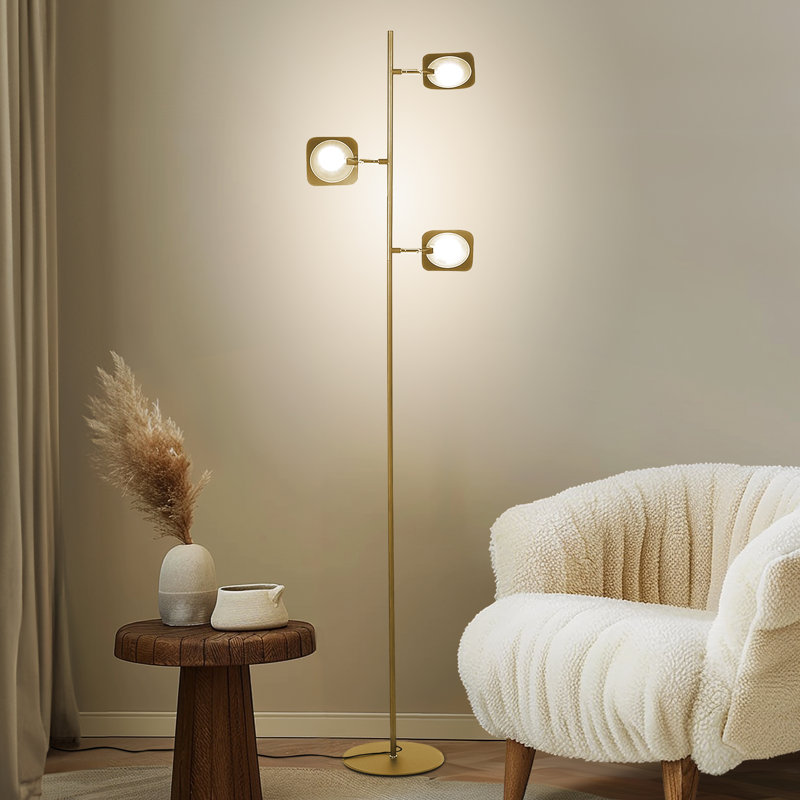 Tree Industrial LED 3-Way Dimming Floor Lamp with 3 Adjustable Spot Lights, Brass