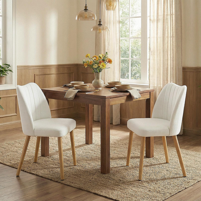 Ensemble de 4 chaises de salle à manger rembourrées avec pieds en bois, chaises de cuisine modernes en tissu avec dossier, blanc, assemblage rapide sans outil