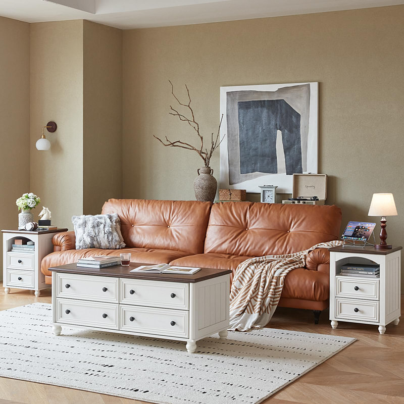 Ensemble de 2 tables basses et table de chevet Farmhouse, table basse 48 po en bois et table de chevet 18 po avec station de charge