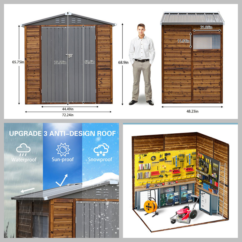 8*8FT Iron-Wood Combination Tool Shed – A Perfect Blend Of Nature And Functionality, 75.59" H x 72.24" W x 48.23" D