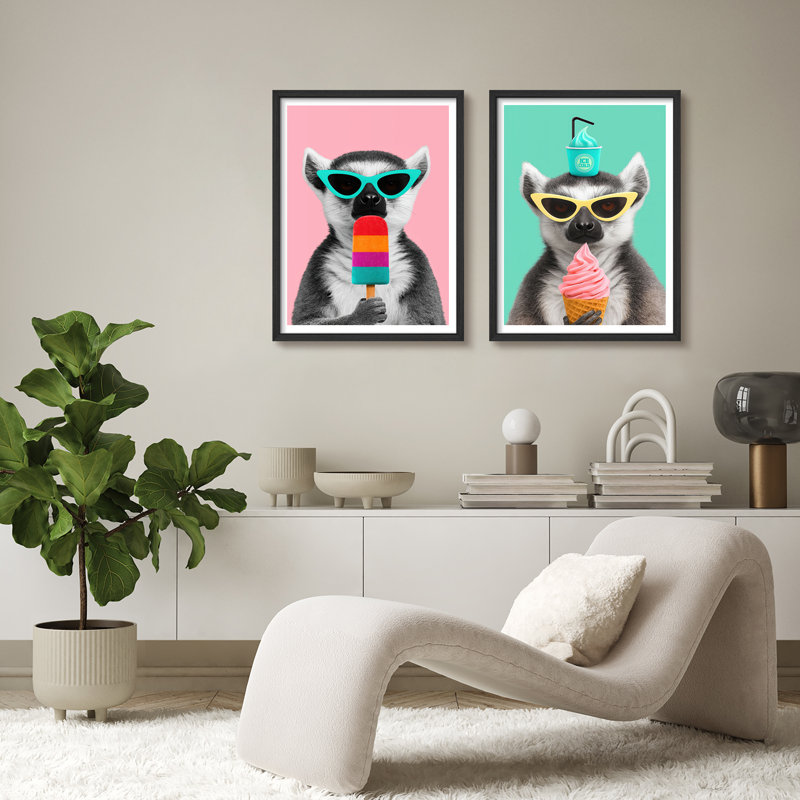 «Cool Lemur», ensemble de 2 encadrements amusants de singe avec crème glacée et lunettes de soleil pour décor de chambre d'enfant ou de café moderne