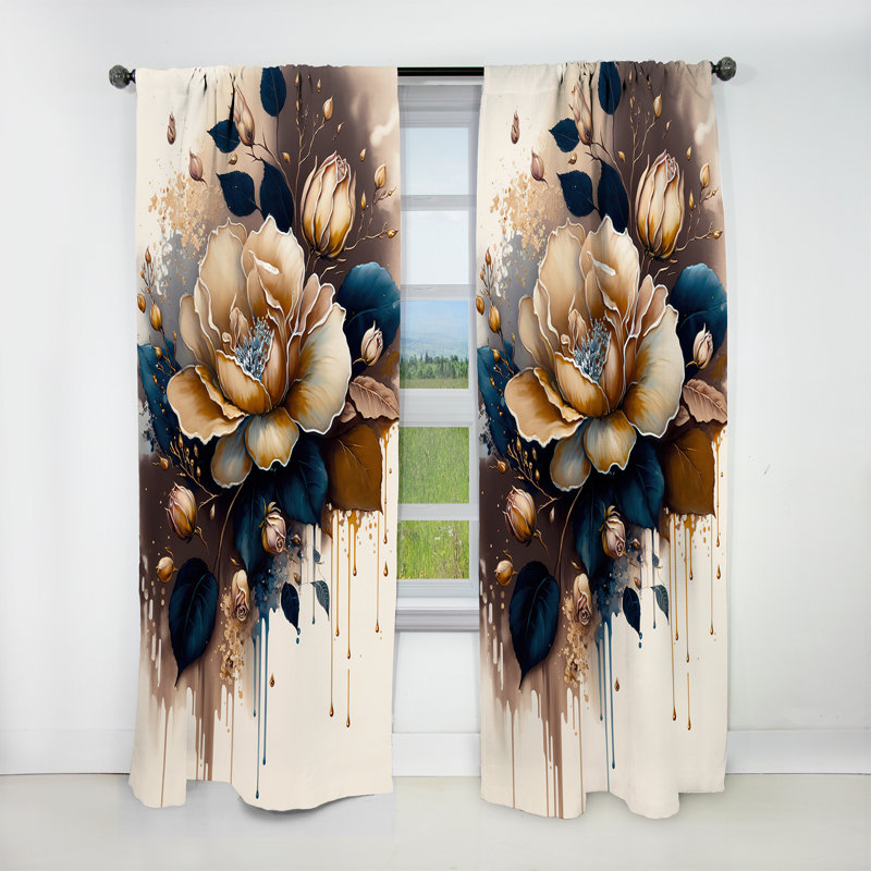 Rideau occultant floral brun et bleu rose - 1 panneau, L 52 po x L 108 po