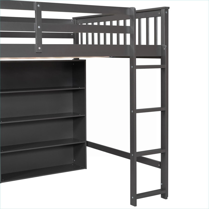 Lit mezzanine double avec rangement en bois massif gris ardoise, avec 8 tablettes ouvertes et échelle intégrée, style antique pour une chambre à coucher peu encombrante