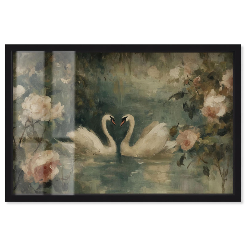 Décoration murale rétro "Heart of Two Swans" par Art Remedy, cadre noir, 55 x 37, H 37 po x l 55 po, Structure noire