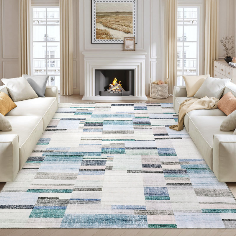 Tapis géométrique antidérapant pour salle de bain, Bleu, Rectangle 10 pi x 13 pi