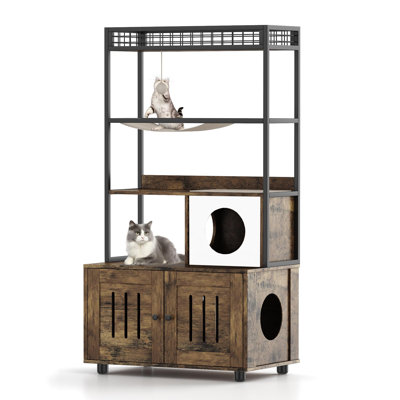 Meuble de litière pour chat avec support de rangement fermé - conception de bac à litière caché avec hamac, boules en sisal, tapis à gratter - chatière élégante et privée, brun