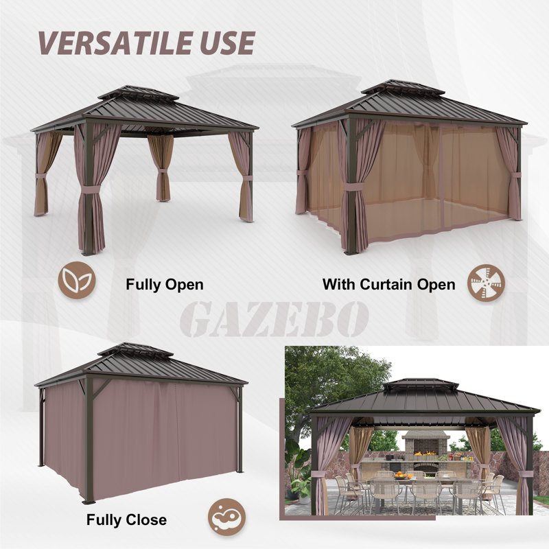 EAGLE PEAK 12x14 Brown Aluminum Frame Hardtop Gazebo with Curtains