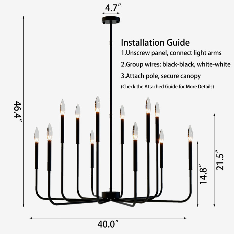 Jassel 12 - Light 40"W Black Dimmable Classic Candle - Style Tradtional/Classic Chandelier for Dining Room or Kitchen
