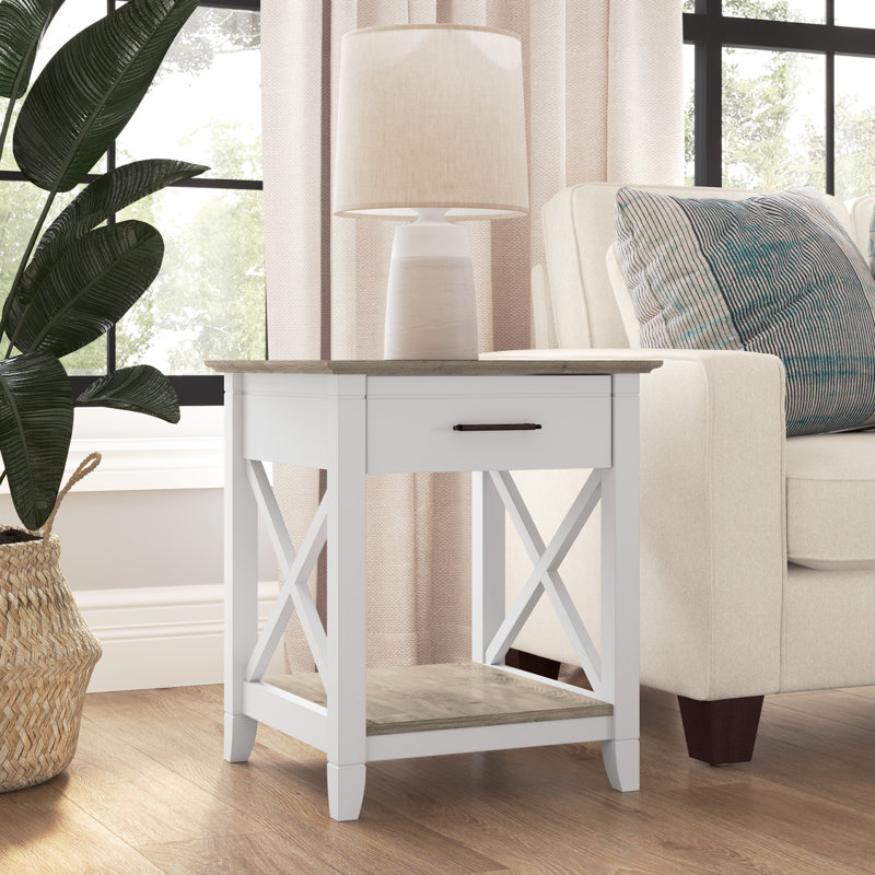 Table de bout avec rangement Huckins, Gris déclin / blanc pur