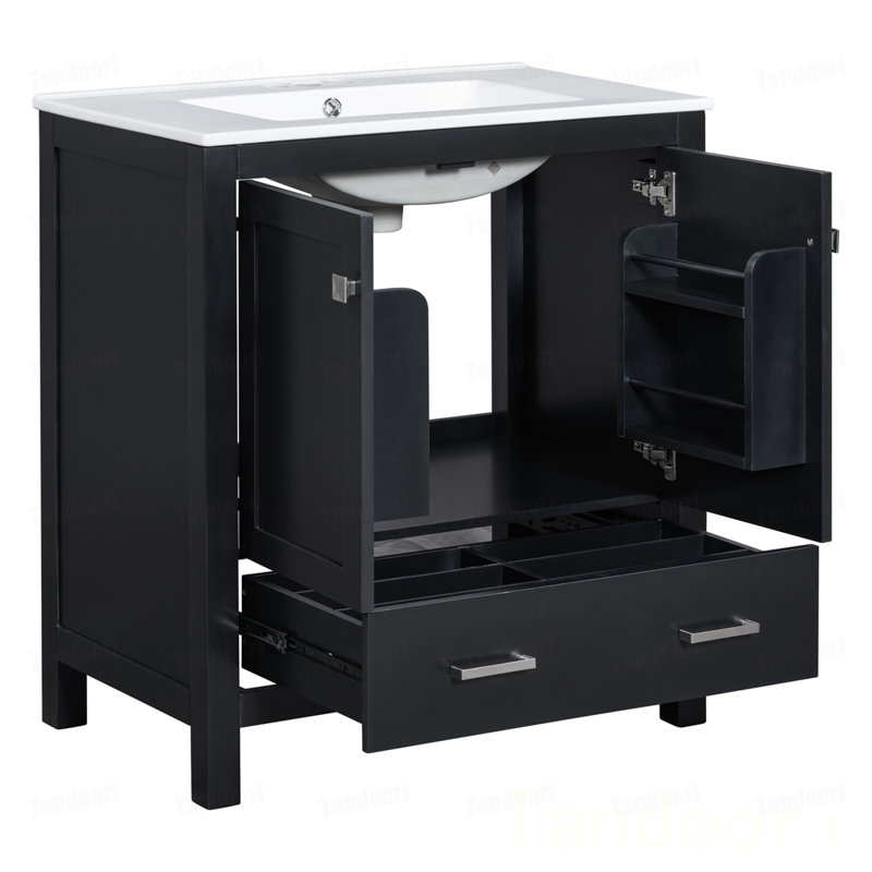 Bathroom Vanity Set with Double Vanities (Separate), Double Ceramic Sinks, Storage Shelf, and Divided Drawers  (Mirror not included)