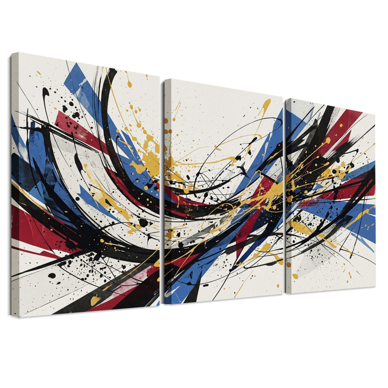 Ensemble de 3 toiles murales abstraites à coups de pinceau rouges, bleus, noirs et dorés, 30"H x 20"W x 3pcs