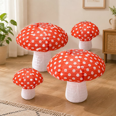 4 Mushroom-Shaped Rice-Paper Lanterns in 8-Inch and 12-Inch Sizes for Halloween, Nursery, Garden, and Christmas Decorations