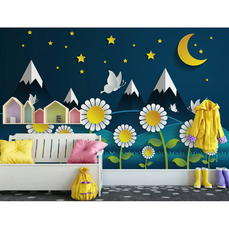 Papier peint amovible pour enfants, marguerite et montagne, L 48,96 po x l 75 po, Non-Woven