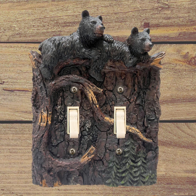 Resin Rustic Double Toggle Switch Cover Bear Climbing on Tree Branch Design