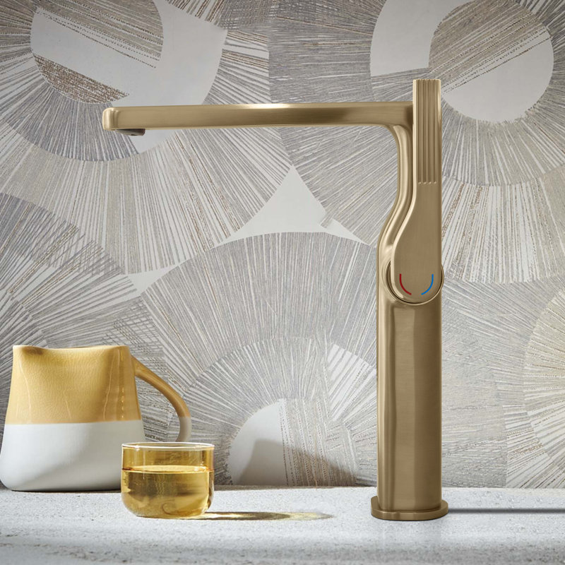 10”H Solid Brass Single-Hole Single-Handle Vessel Sink Bathroom Sink Faucet with Drain Assembly, Brushed Gold