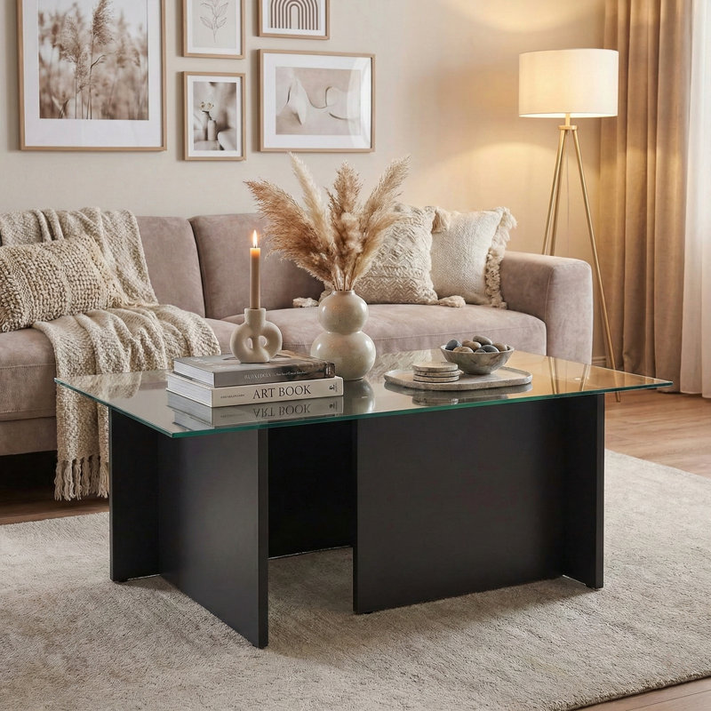 Rectangle Tempered Glass Coffee Table, Anthracite, 15.7" H x 41.3" L x 25.6" W