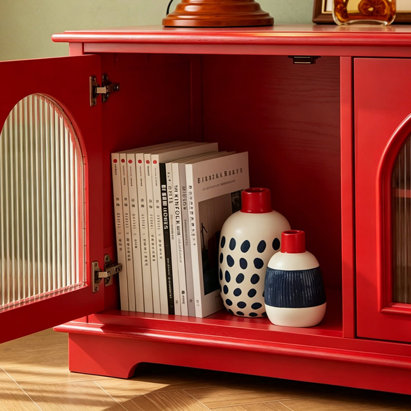 Meuble télé rétro en bois massif rétro avec bouleau, Red
