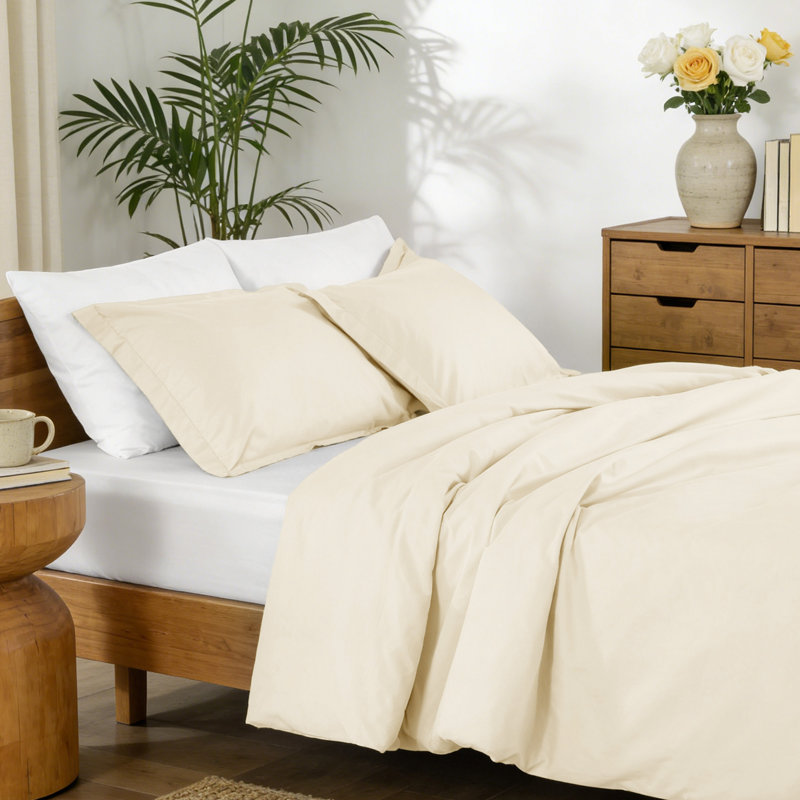 100% Cotton Percale 250 TC Duvet Cover Set With Pillow Sham(S), Full Duvet Cover + 2 Standard Shams, Ivory
