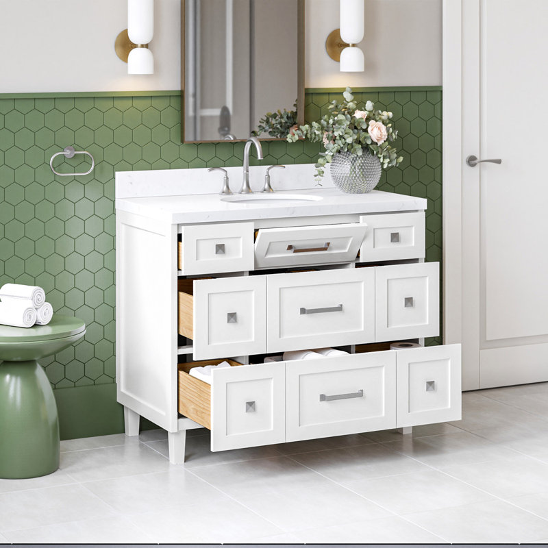 Ariel Monrow 42 Inch Single Oval Sink Bathroom Vanity With Carrara Quartz Countertop, White