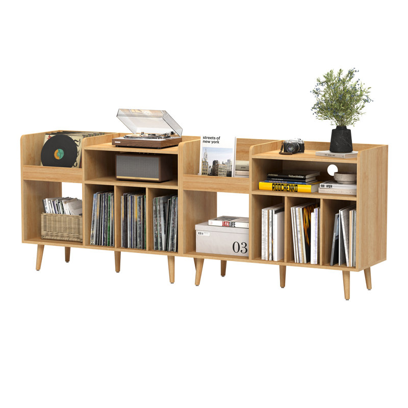 Armoire de rangement pour disque vinyle Mid-Century | Support pour tourne-disque avec 5 compartiments et gestion des câbles, console multimédia pour livres et présentoir