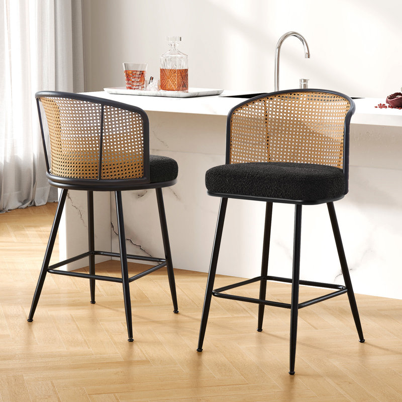 Cane Back Upholstered Counter & Bar Stool, Counter Stool (26" Seat Height), Black, 2