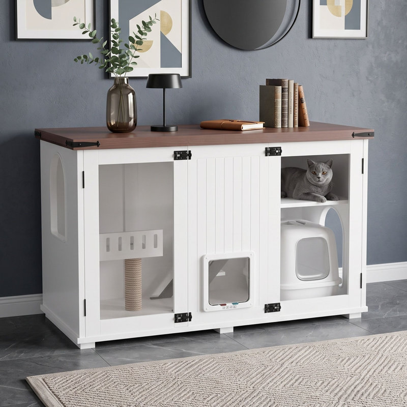 Armoire-litière pour chat avec porte en acrylique, lumière DEL, poteau à griffes, escalier et mobilier pour chat à 2 niveaux