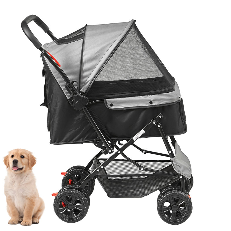 Poussette pour animaux de compagnie, poussette pour chien à 4 roues pivotantes avec freins, capacité de charge de 20 kg, poussette pour chiot avec guidon réversible, panier de rangement et fermeture éclair, noir et gris, conçue pour les voyages avec chiens et chats