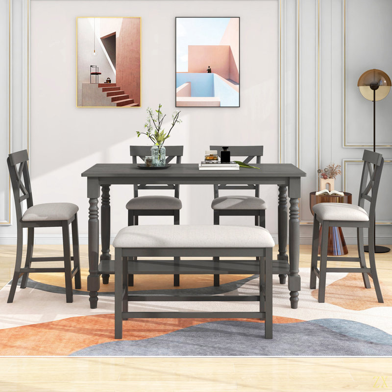 Ensemble de 6 tables de salle à manger à hauteur de comptoir avec 4 chaises et un banc pour la salle à manger, Gris