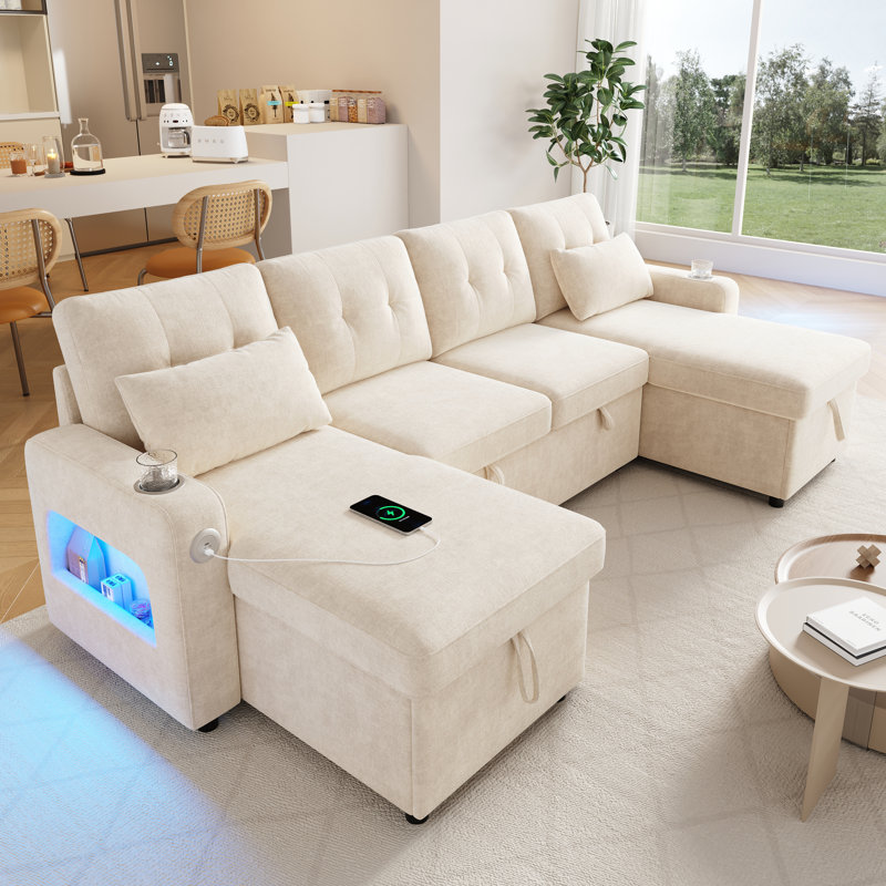 Chenille Chaise End Sofa, Beige, 4-seat